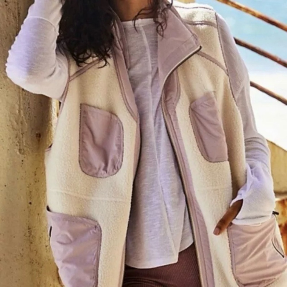 Free People Cream Sherpa Vest with Dusty Pink Trim